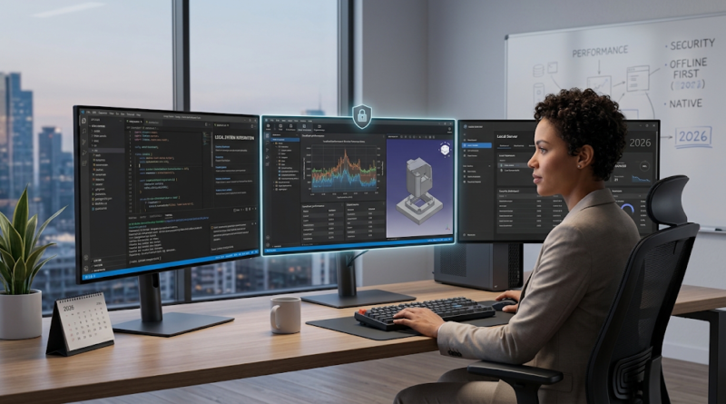 Professional engineer working on multi-monitor setup, illustrating why desktop apps making a comeback is a major software trend.