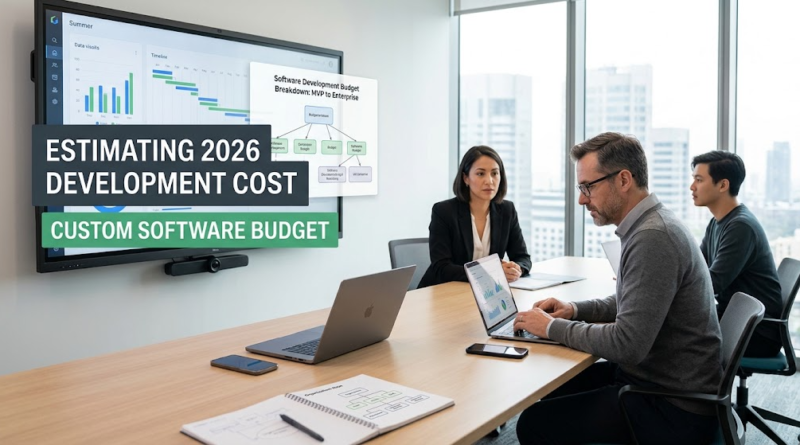 Business professionals in a modern conference room analyzing a 2026 custom software development budget breakdown on a large interactive screen.