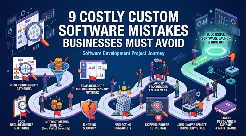 An infographic illustrating a software development project journey, highlighting 9 costly custom software mistakes businesses must avoid, such as poor requirements gathering, underestimating total cost of ownership, and ignoring security.