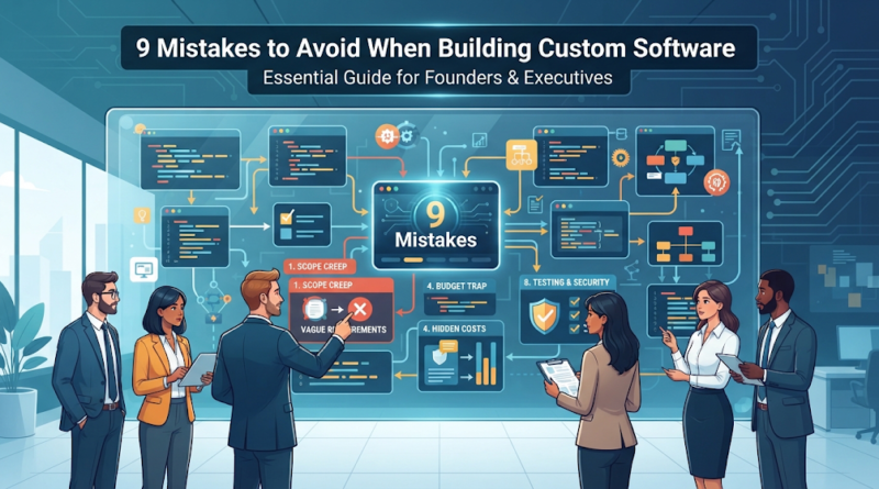 Business team collaborating around a digital dashboard illustrating custom software development planning and project risks.