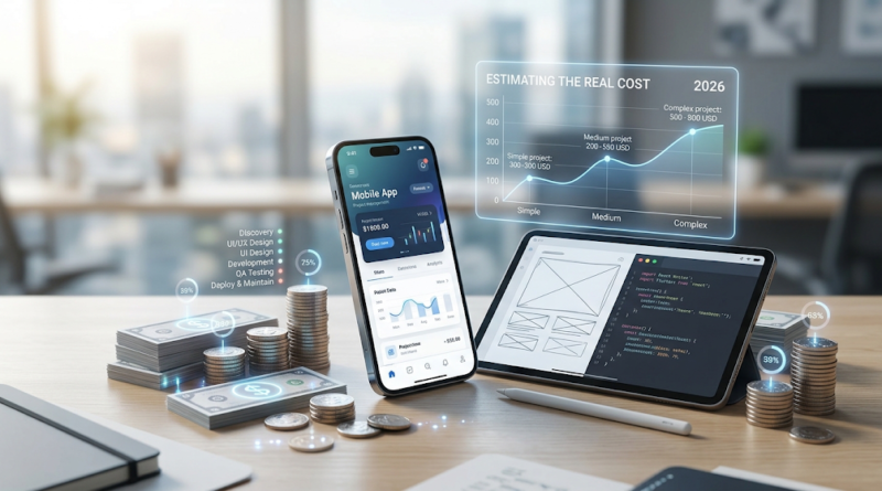 A smartphone and tablet on a desk displaying mobile app development cost estimates for 2026, surrounded by stacks of coins and holographic financial charts.