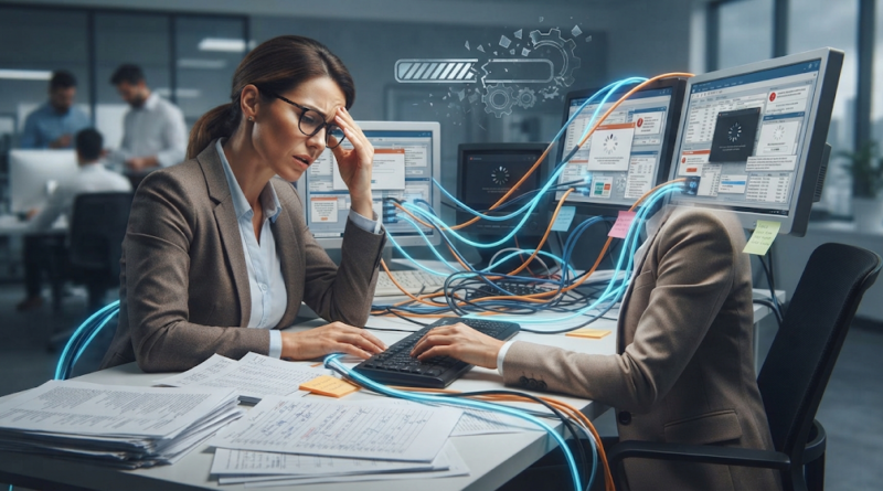 A stressed business woman at a desk with tangled cables and multiple outdated monitors showing error messages.