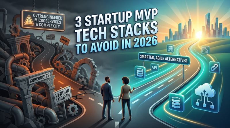 Two startup founders at a crossroad choosing between a complex path of overengineered microservices and a bright, agile tech stack alternative for their MVP.