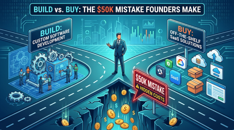 Illustration of a founder at a crossroads evaluating the build vs. buy software decision, with a central chasm showing falling coins to represent hidden financial costs.