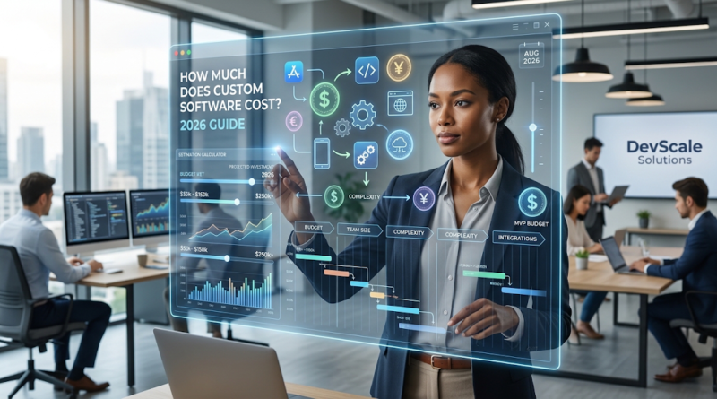 A technology executive interacting with a digital dashboard displaying custom software development cost estimates, budget charts, and project complexity metrics.