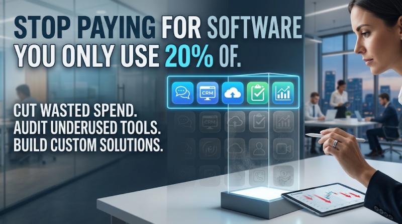 A business professional analyzing a digital display of software applications, representing software cost optimization and technology stack auditing.
