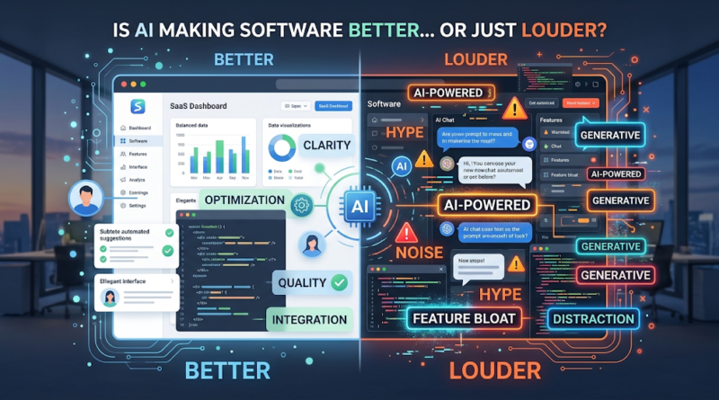 An infographic dashboard comparing 'Better' (clean, optimized, quality integration) versus 'Louder' (cluttered, feature bloat, hype, distraction) implementations of AI in software development.