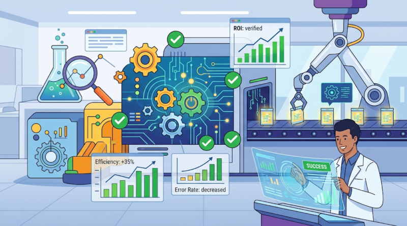 Illustration of a researcher testing AI automation in a modern lab, displaying verified ROI and increased efficiency metrics.
