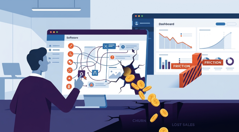 A modern illustration showing money and revenue leaking through cracks in a confusing software interface, illustrating the cost of poor UX.