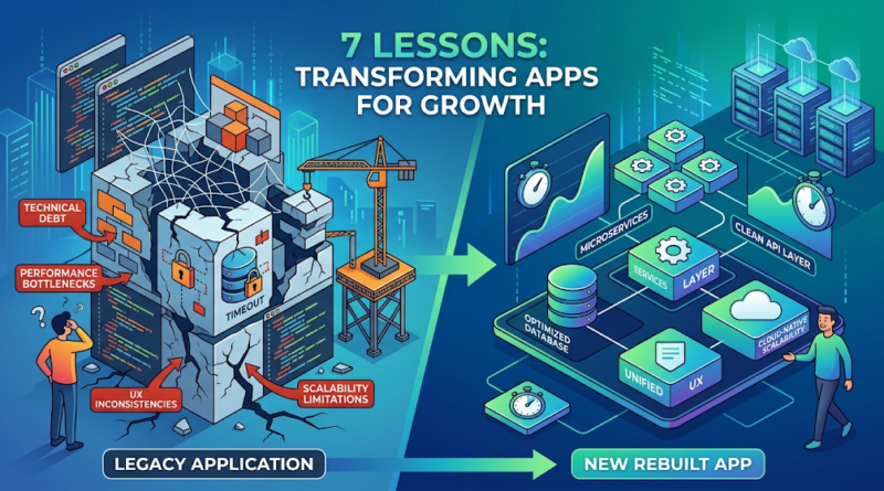 A conceptual illustration showing a crumbling legacy software structure being dismantled and replaced by a modern, modular, and scalable mobile app architecture.