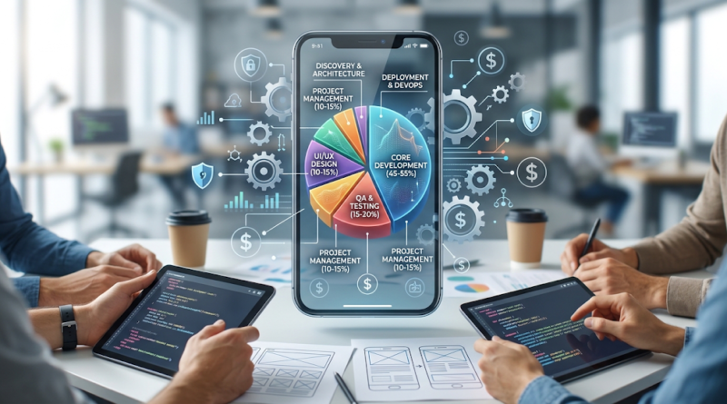 A conceptual photograph illustrating how software development costs are allocated, showing a smartphone with a pie chart breakdown (Core Development, QA, Design) surrounded by technical and financial icons ($).